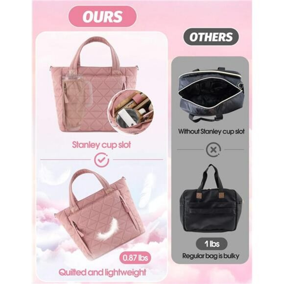 Quilted Puffer Tote Bag with Stanley Cup Holder Work Travel Carry On Purse - Picture 3 of 8